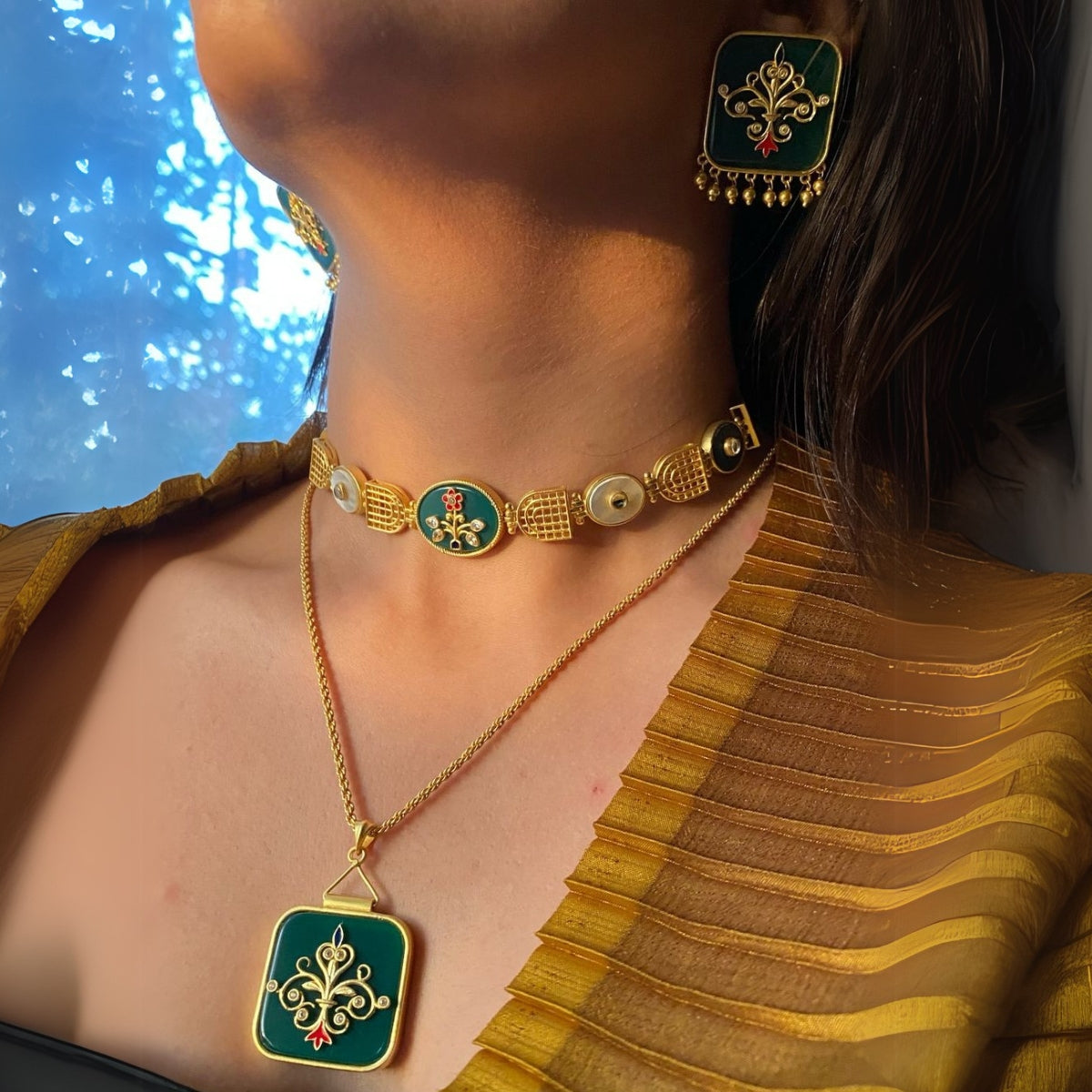 Regal Styled Look (Set of 3- Necklace , Choker and Earrings)