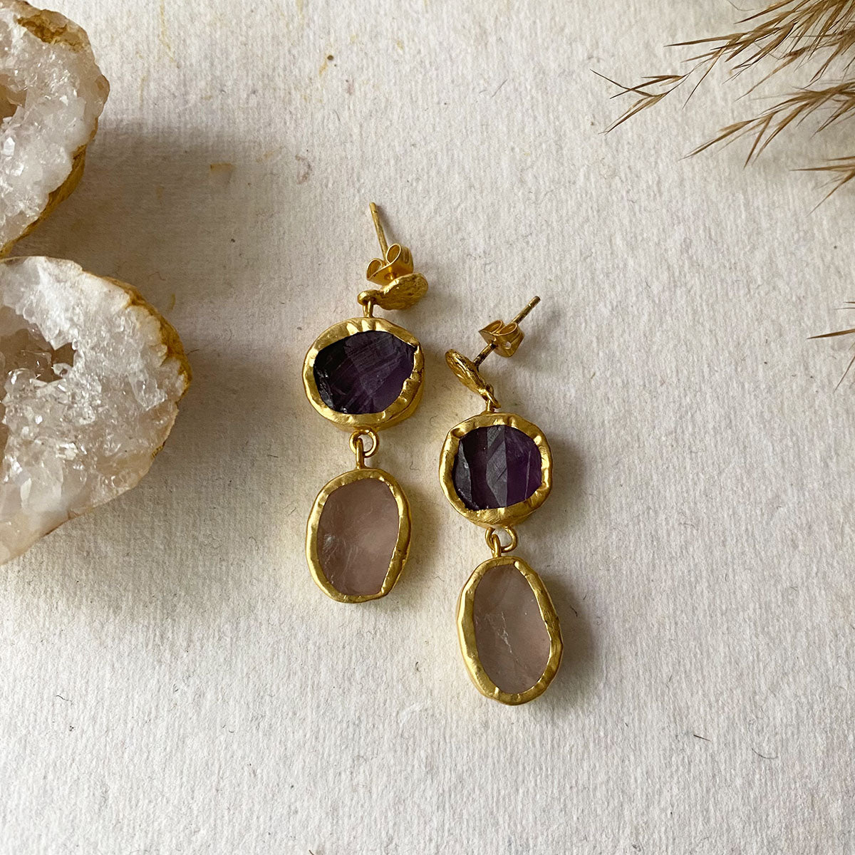 The Spirited Two Stone Gold Earrings with Amethyst and Rose Quartz