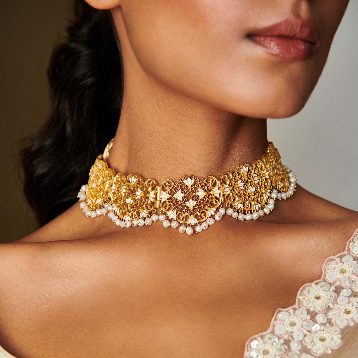 Lotus Lace Choker Necklace in White Enamel Zariin International