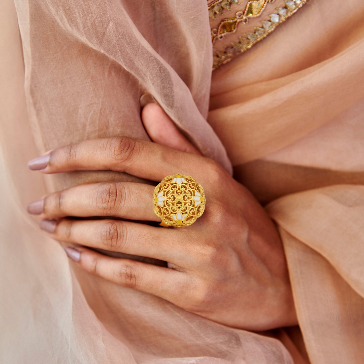 Lotus Globe Statement Ring in White Enamel