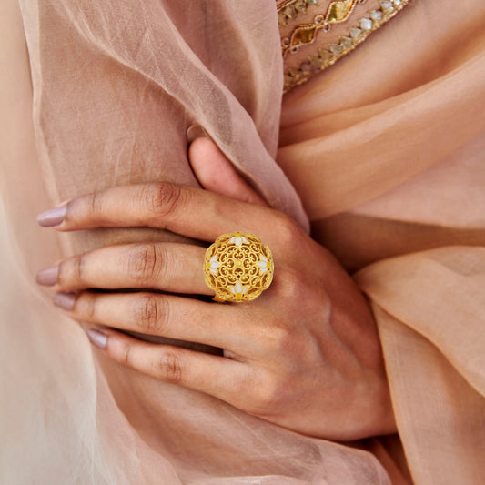 Lotus Globe Statement Ring in White Enamel