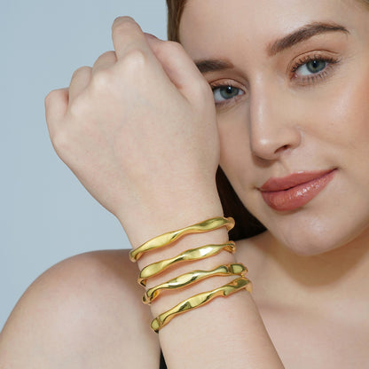 Gold Wave Set of Hoop Earrings and Stacking Bangles