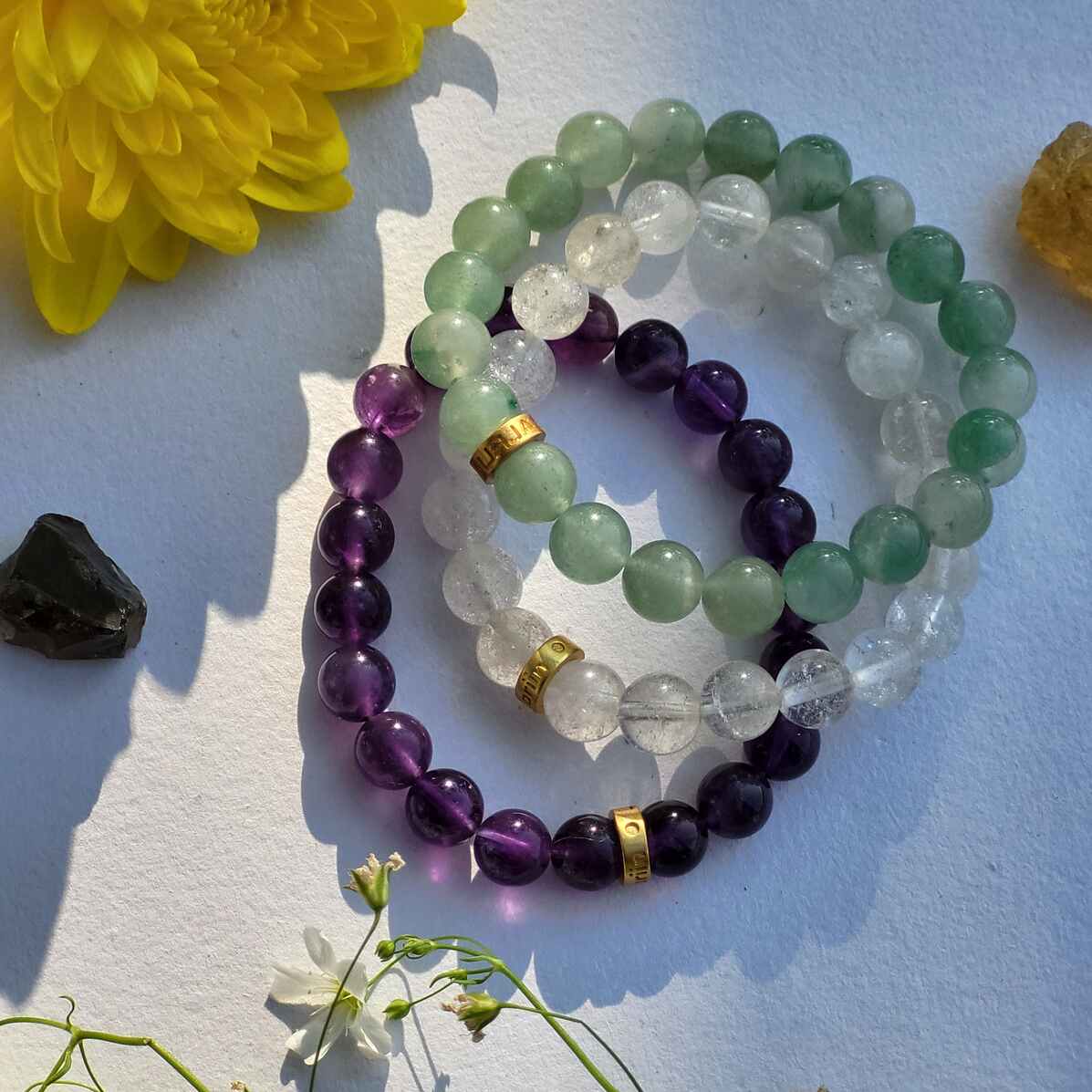 Bracelet Set for Focus and Mental Clarity - Flourite, Amethyst and Clear Quartz