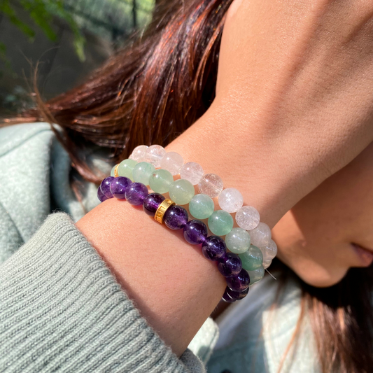 Bracelet Set for Focus and Mental Clarity - Flourite, Amethyst and Clear Quartz