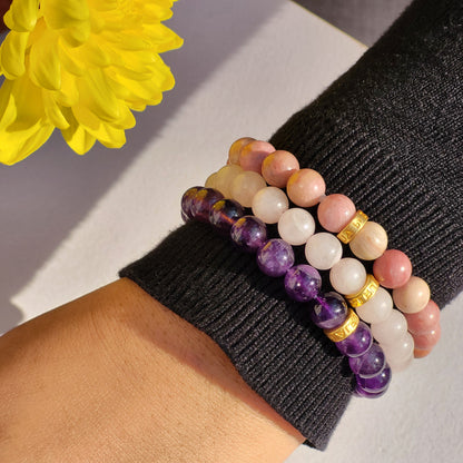 Bracelet Set for Self Love and Peer Pressure - Rose Quartz, Rhodochrosite and Amethyst