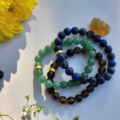 Bracelet Set for Success in Academics, Luck and Victories - Green Aventurine, Smoky Topaz and Lapis Lazuli