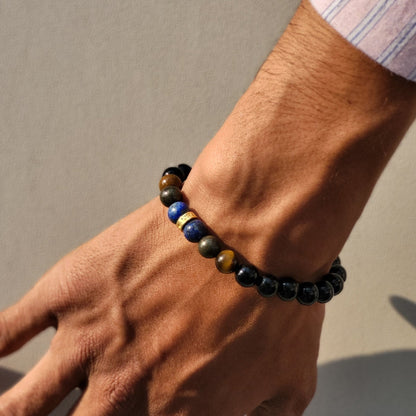 Strength in Love Beaded Bracelet for Men - Black Onyx, Pyrite, Lapis Lazuli and Tiger’s Eye