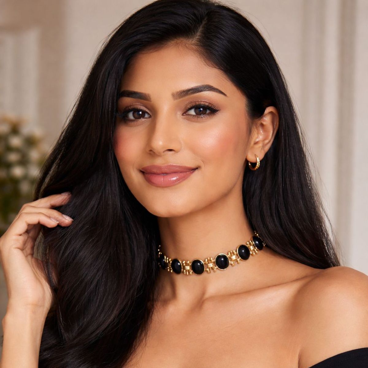 Midnight Black Onyx Choker Necklace & Drop Earrings Set