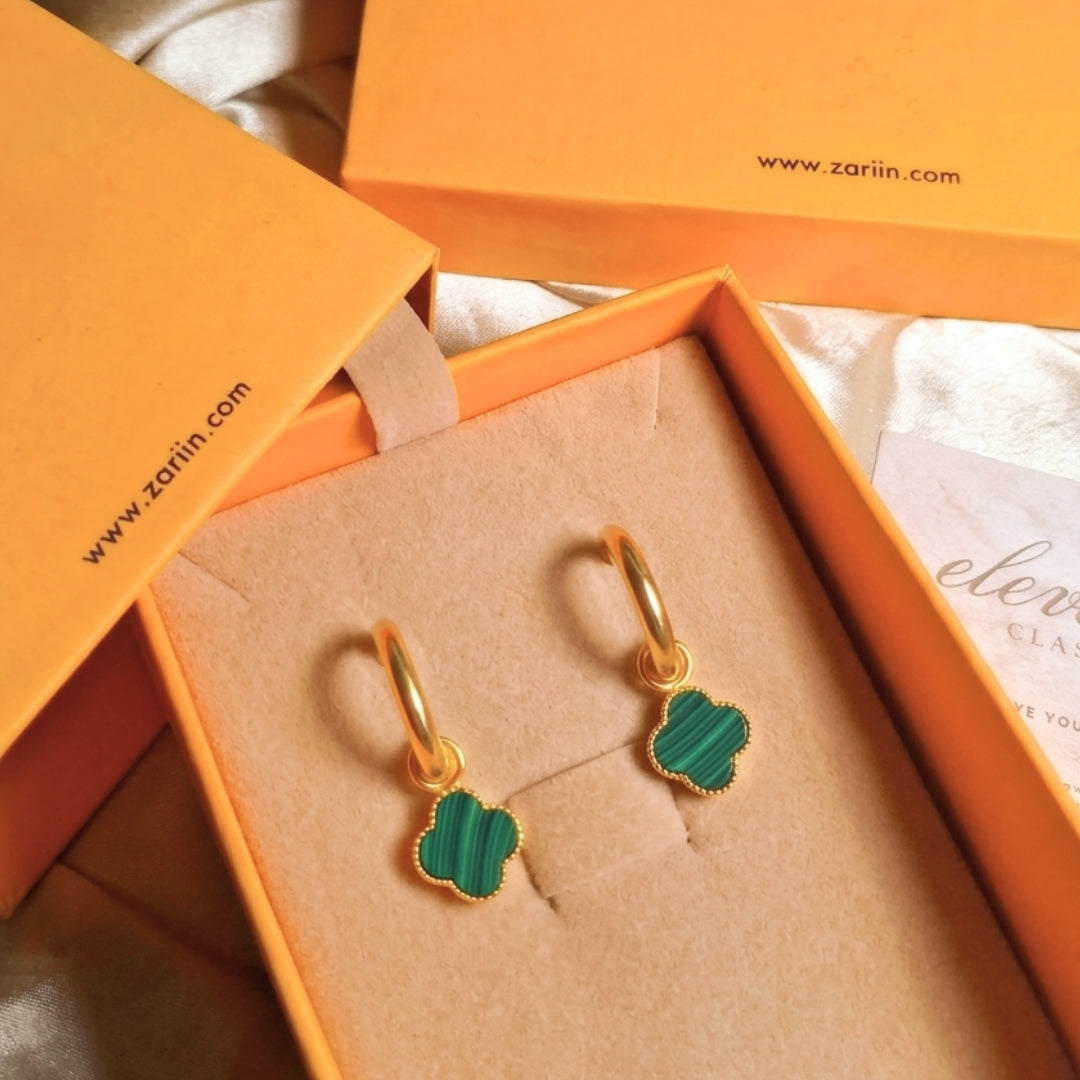 Grace Hoops with Malachite Four Leaf Clover Drops