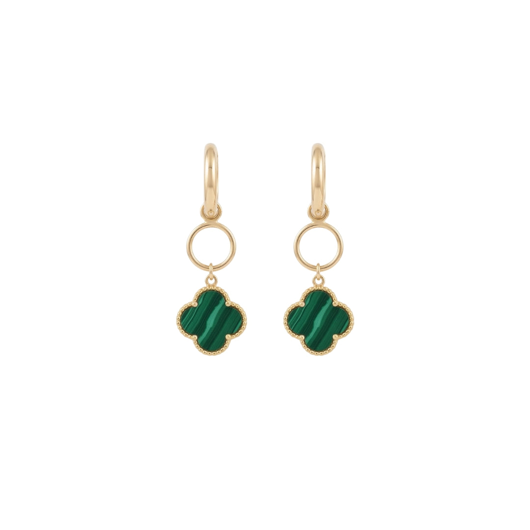 Hoop da Loop Earrings with Malachite Four Leaf Clover Drops