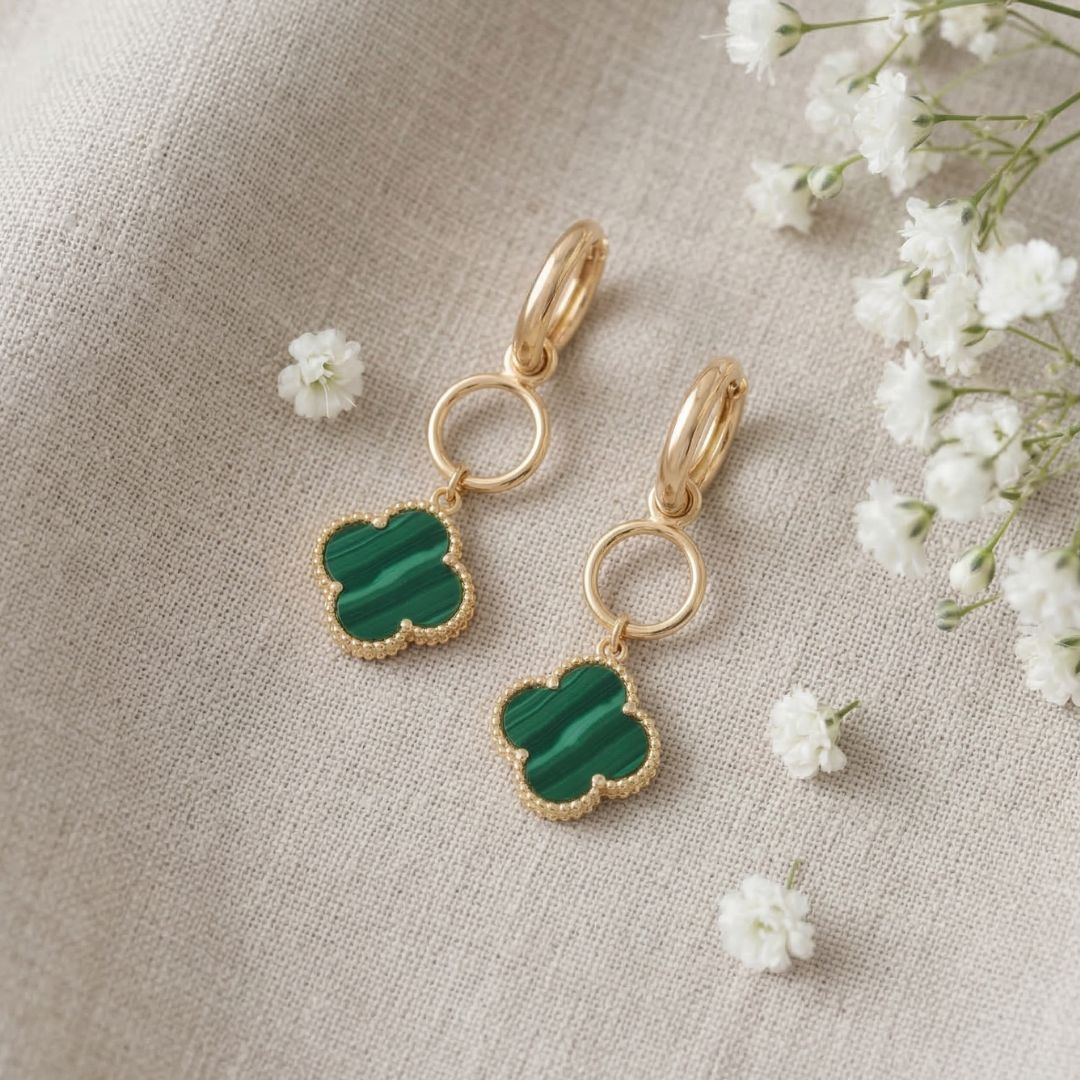 Hoop da Loop Earrings with Malachite Four Leaf Clover Drops