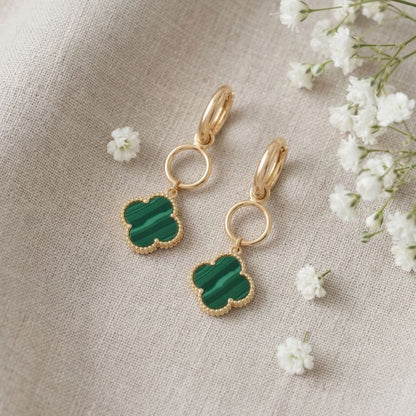 Hoop da Loop Earrings with Malachite Four Leaf Clover Drops