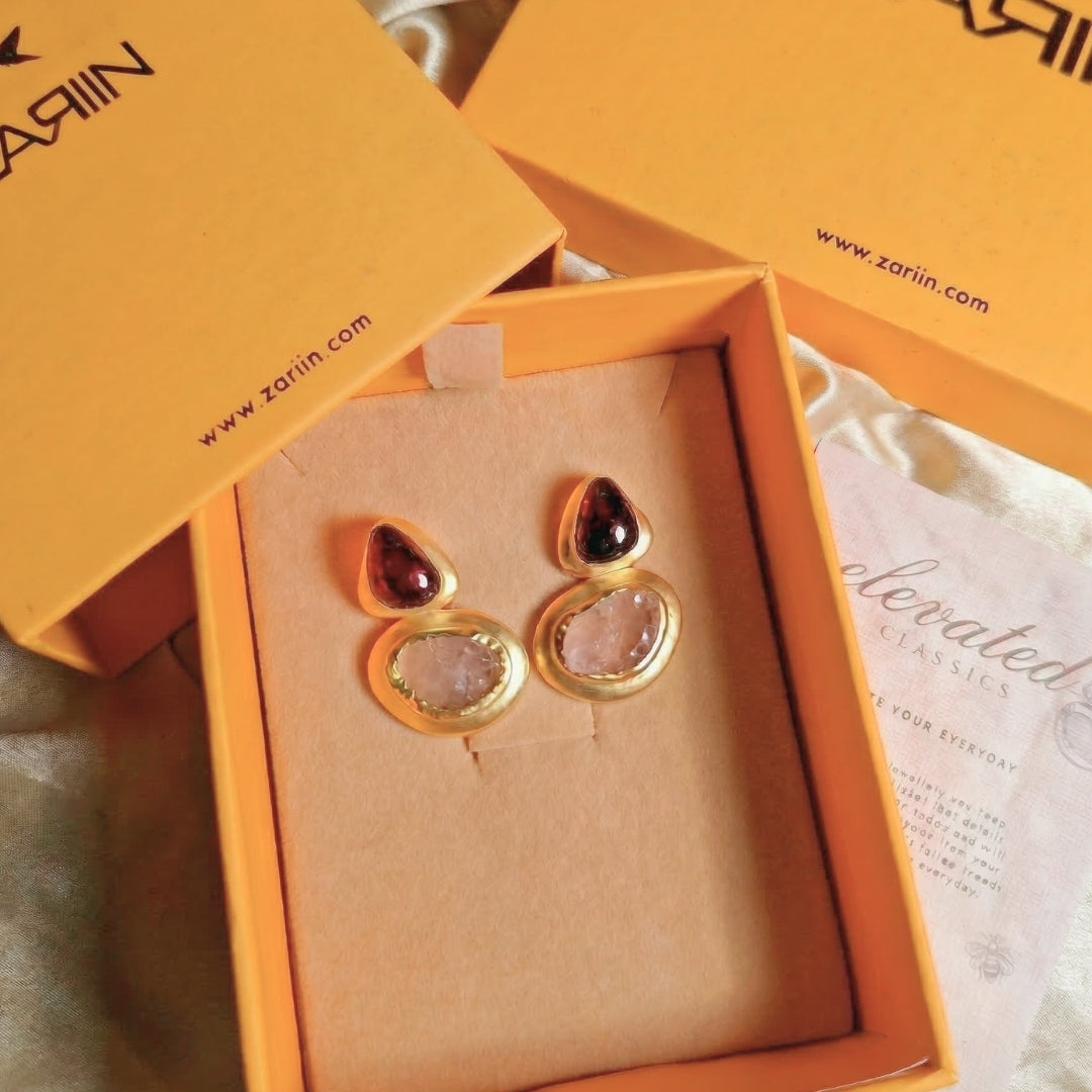 Blushing Poise Earrings with Garnet and Rose Quartz