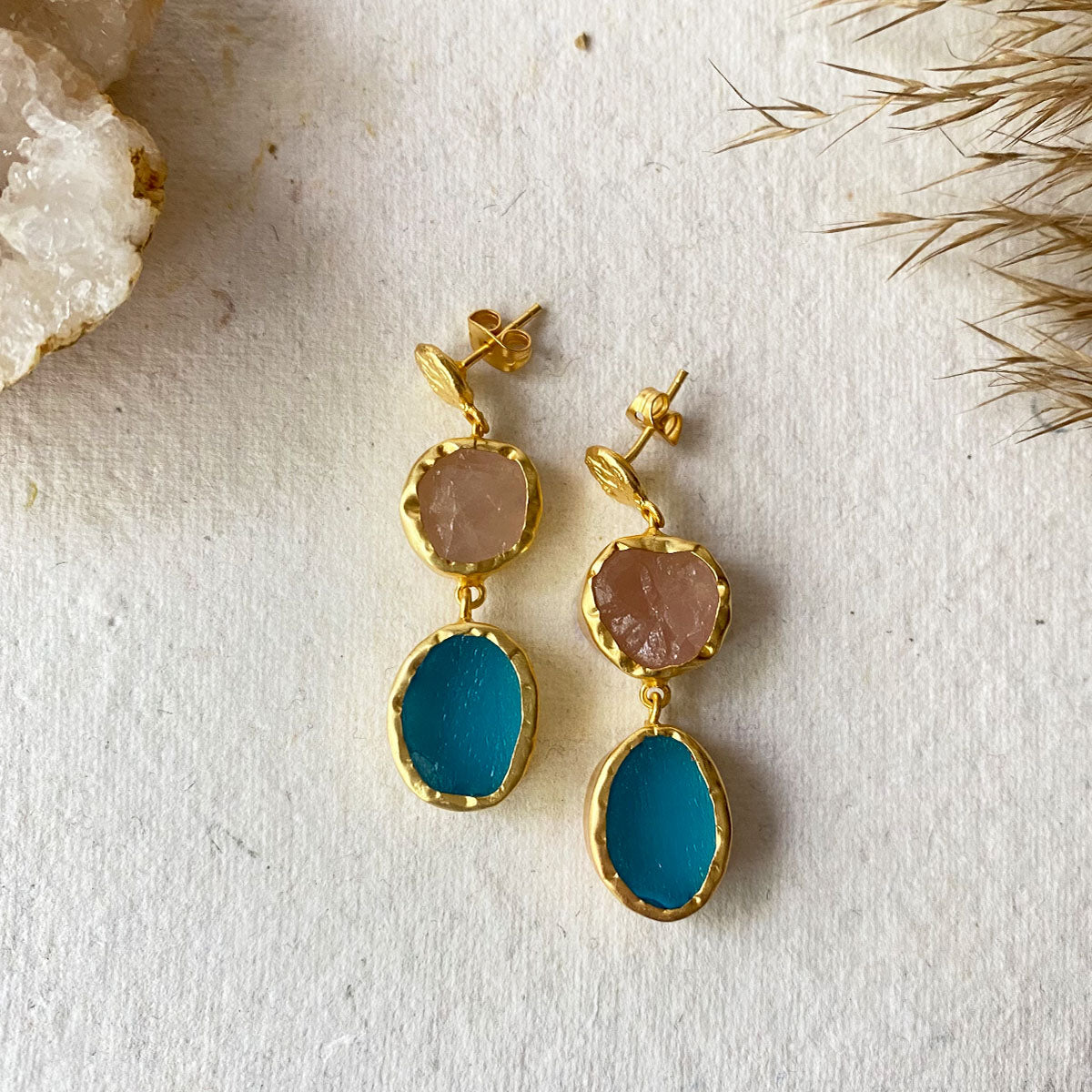 The Spirited Two Stone Gold Earrings with Rose Quartz and Blue Topaz