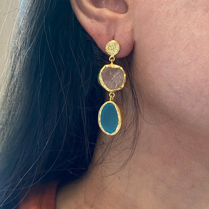 The Spirited Two Stone Gold Earrings with Rose Quartz and Blue Topaz