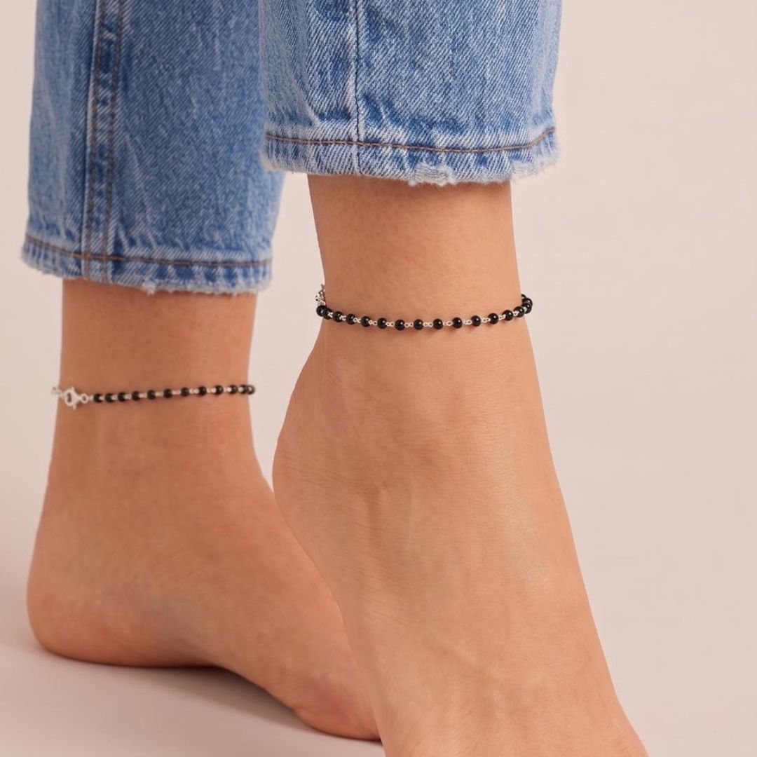 Pirohi Black Bead 925 Silver Anklet