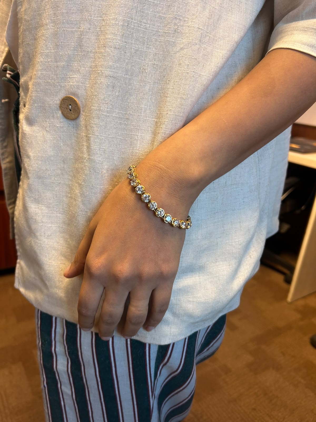 Vintage Solitaire crystal tennis bracelet with linen outfit, adjustable fit