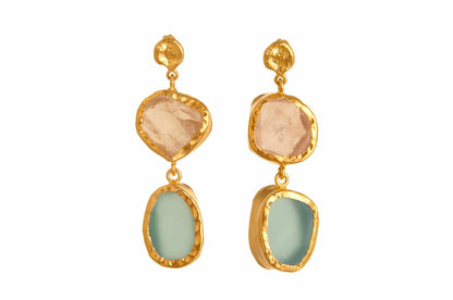 The Spirited Two Stone Gold Earrings with Rose Quartz and Blue Topaz