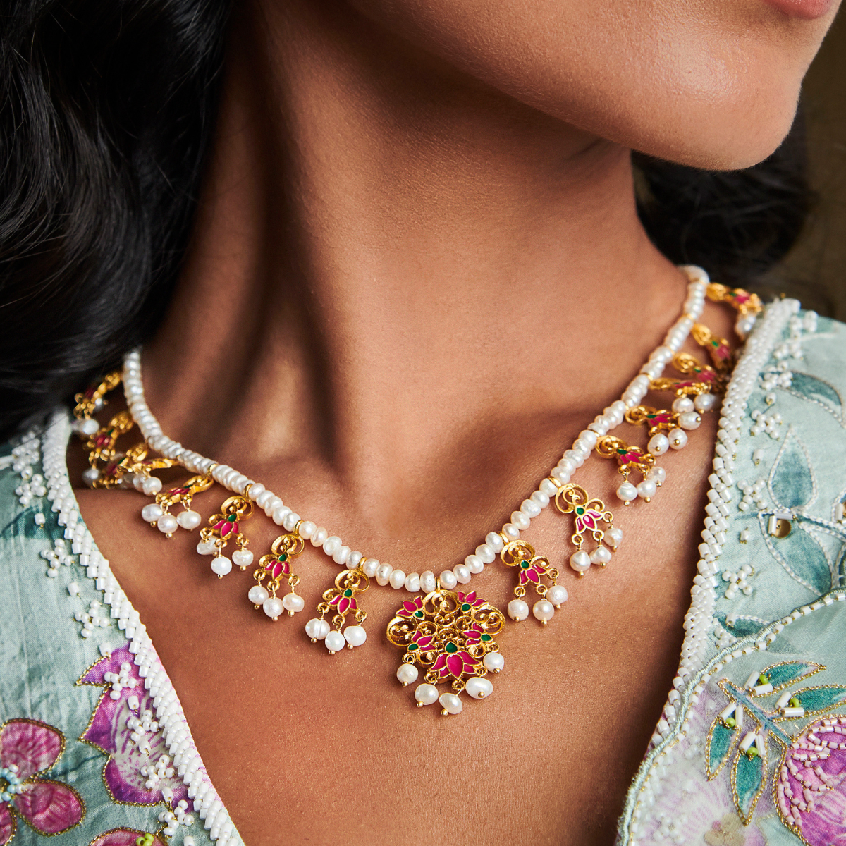 Lotus Drops Pearl Necklace in Pink Enamel