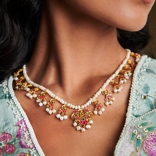 Lotus Drops Pearl Necklace in Pink Enamel