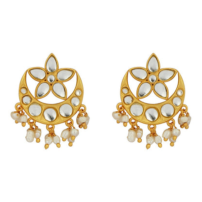 Chaand Phool Stud Earrings with Mirror Polki and Pearls