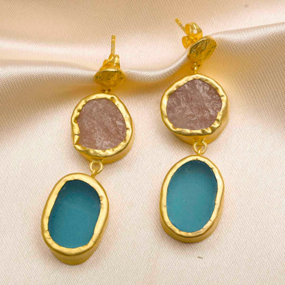 The Spirited Two Stone Gold Earrings with Rose Quartz and Blue Topaz