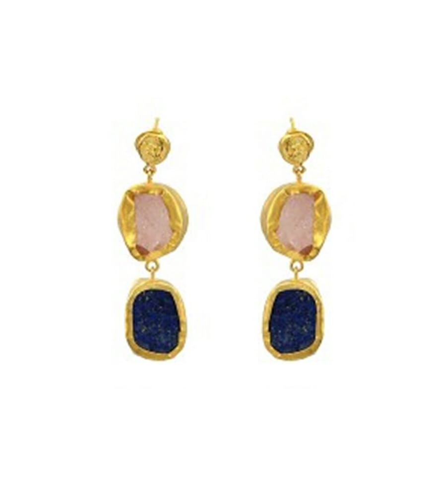 The Spirited Two Stone Gold Earrings with Blue Lapis and Rose Quartz