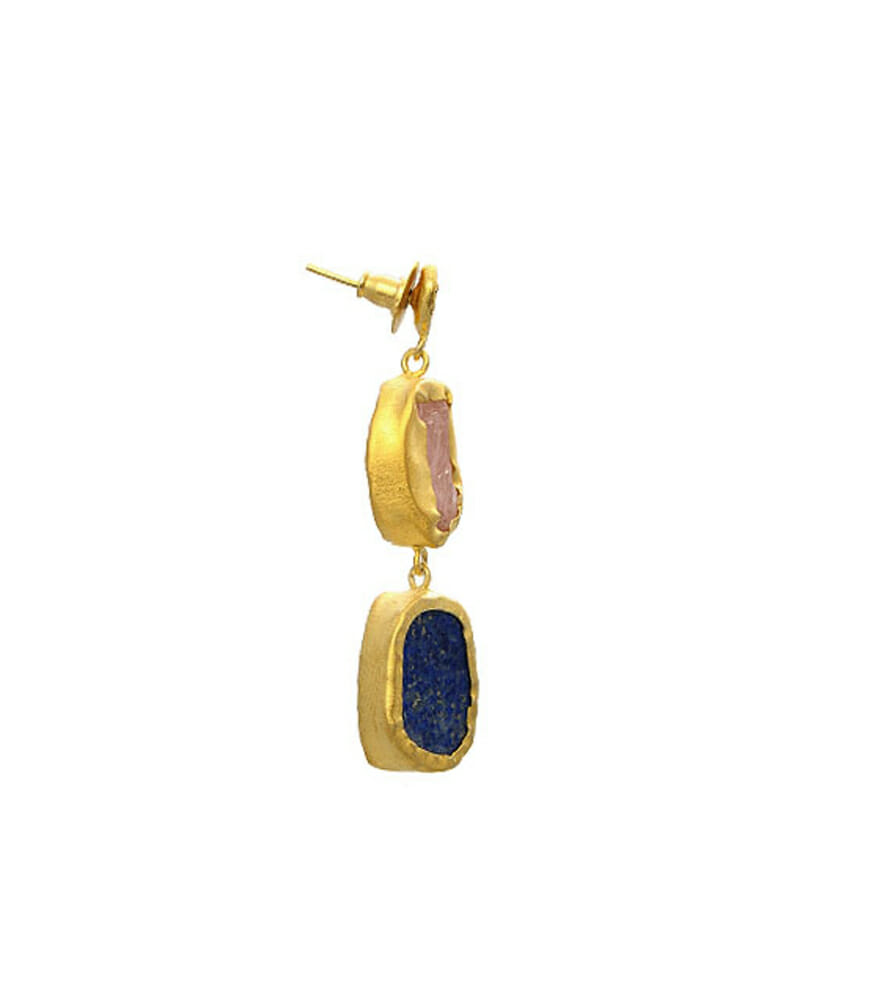 The Spirited Two Stone Gold Earrings with Blue Lapis and Rose Quartz